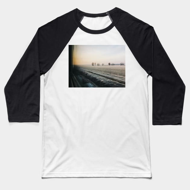 Frosted Moody Winter Landscape Shot Through Train Window Baseball T-Shirt by visualspectrum